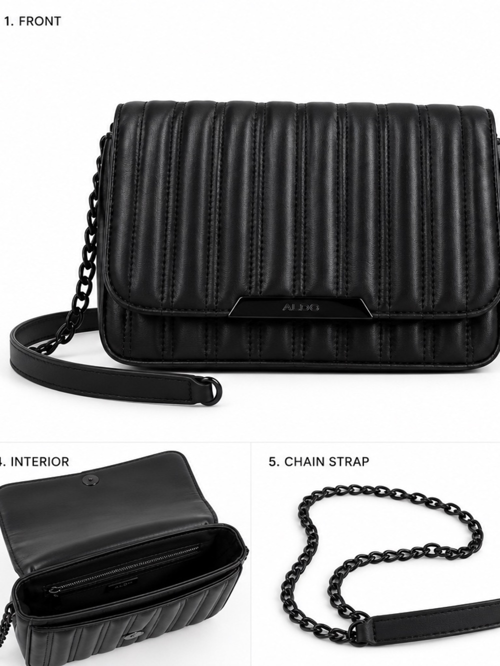 ALDO Black Quilted Crossbody Bag Chain Strap Vegan Leather Shoulder Purse